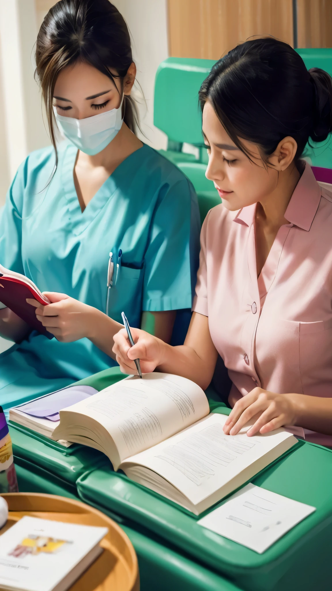 Medical staff and grandma reading a book