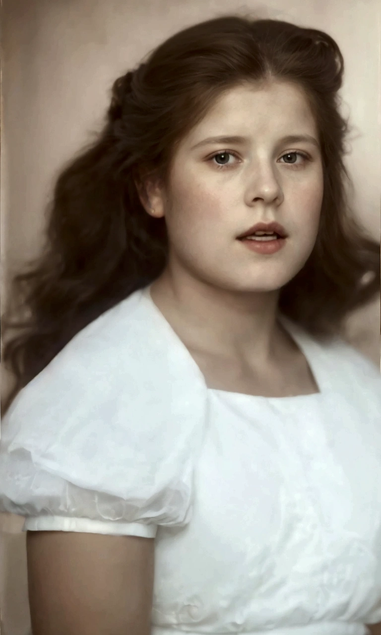 there is a young girl with long hair wearing a white dress, soft portrait, inspired by Thomas Stothard, autochrome pearl portrait, inspired by Anna Füssli, david hamilton, in a oil painting style, inspired by Thomas Lawrence, inspired by Théodore Chassériau, medium portrait soft light, portrait soft light, inspired by Julia Margaret Cameron