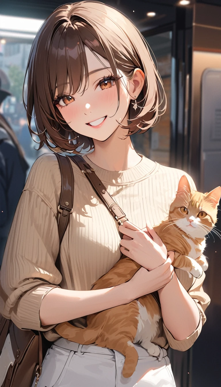 super detail, best quality, a woman , Brown short hair, smile, Stylish clothing, Holding a cat on one&#39;s lap, Sitting on the couch