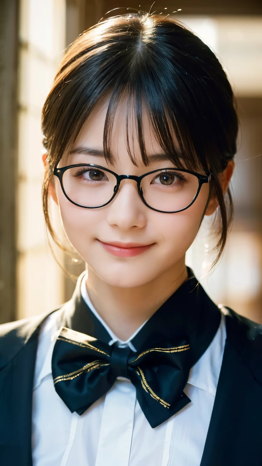(Highest quality,masterpiece:1.3,Ultra-high resolution),(Very detailed,Caustics,8k),(Realistic:1.4,RAW shooting),A girl dressed as a butler,Japanese,boyish,smile,20-year-old,Short black hair,Glasses,Looking into the camera,Inside the Western-style building,Waist up shot,front,Face Focus,Face close-up,(Warm Light),Professional Writing