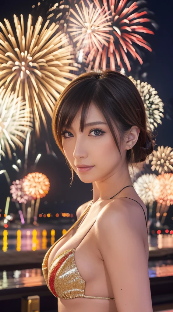 (((Masterpiece，Highest quality，Highest quality，8k，16K))，((Ultra-high resolution，Super detailed)))，Japanese，beautiful girl，sexy，glamorous，Golden Ratio Style，Bikini，Night Pool，Fireworks display，Fireworks、((屋外プールにて夏祭りのメインイベントであるFireworks displayのFireworksを背景にしたスナップ写真))，