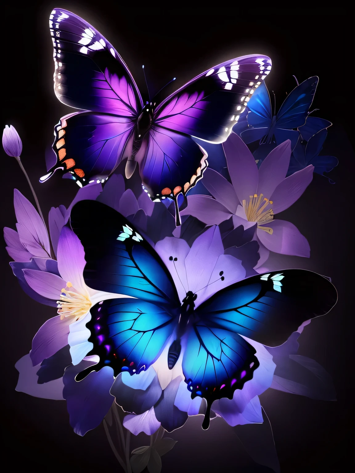 a Purple and blue Butterfly with a black background, glowing Butterfly, glowing blue Butterfly, Butterfly, harmony of Butterfly, Butterfly, Purple and blue colored, Butterfly lighting, Butterfly flying, User Photos, phone wallpaper, HD phone wallpaper, Beautiful iPhone Wallpapers, phone wallpaper, Beautiful wallpapers, Butterfly and sunrays, Butterfly in the foreground, Beautiful HD, Purple and blue