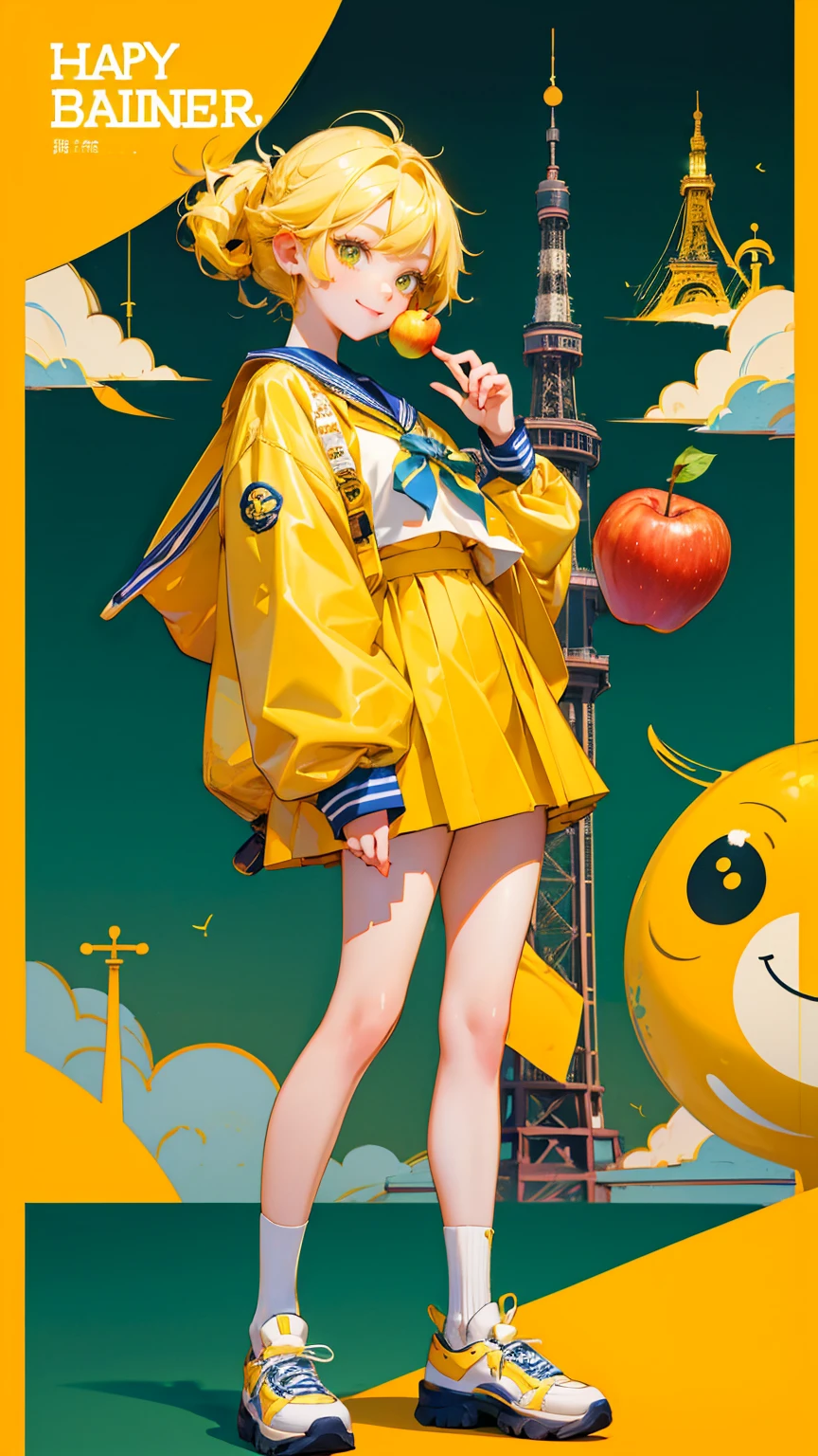 A cute girl Standing straight, looking at camera, with yellow hair and big eyes wearing a sailor suit, holding an apple in her hand, happy smiley face emotion, with Tokyo Tower behind her. A school band is playing musical instruments in background. The color scheme is yellow-green. Easy KYC" text on the bottom of image