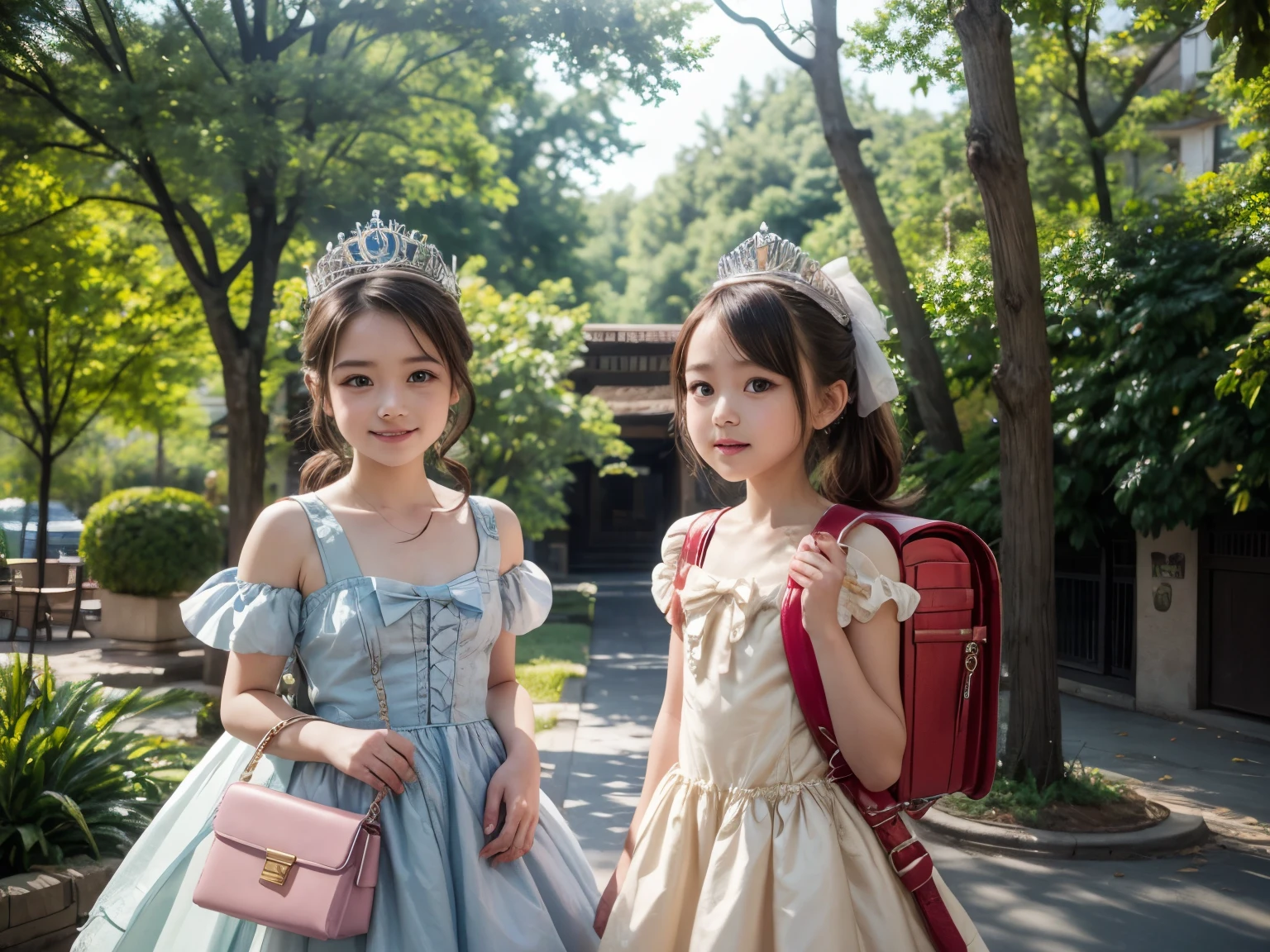 Masterpiece, hd, realistic, 2 girl, 2 girl standing each other, beautiful girl, smiling, ((1girl, regal, (fairy dress),Lolita dress, vibrant, vivid, (bows), brown hair, ponytail, wearing Tiara, wearing backpack)), ((1girl, regal, (fairy dress),Lolita dress, vibrant, vivid, (bows), brown hair, ponytail, wearing Tiara, holding purses)), standing, outdoor