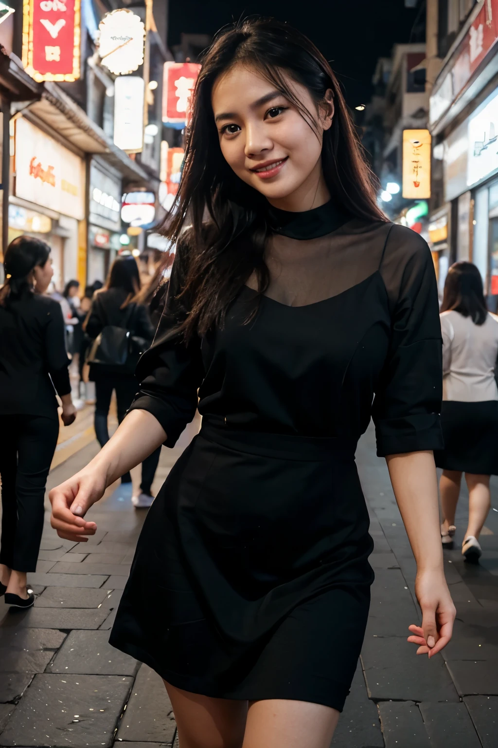 RAW photo, face portrait photo of beautiful 26 y.o Vietnamese woman, cute face, wearing black dress, happy face, walking on a busy pedestrian street, city lights, bustling background with people and shops, energetic and lively atmosphere
