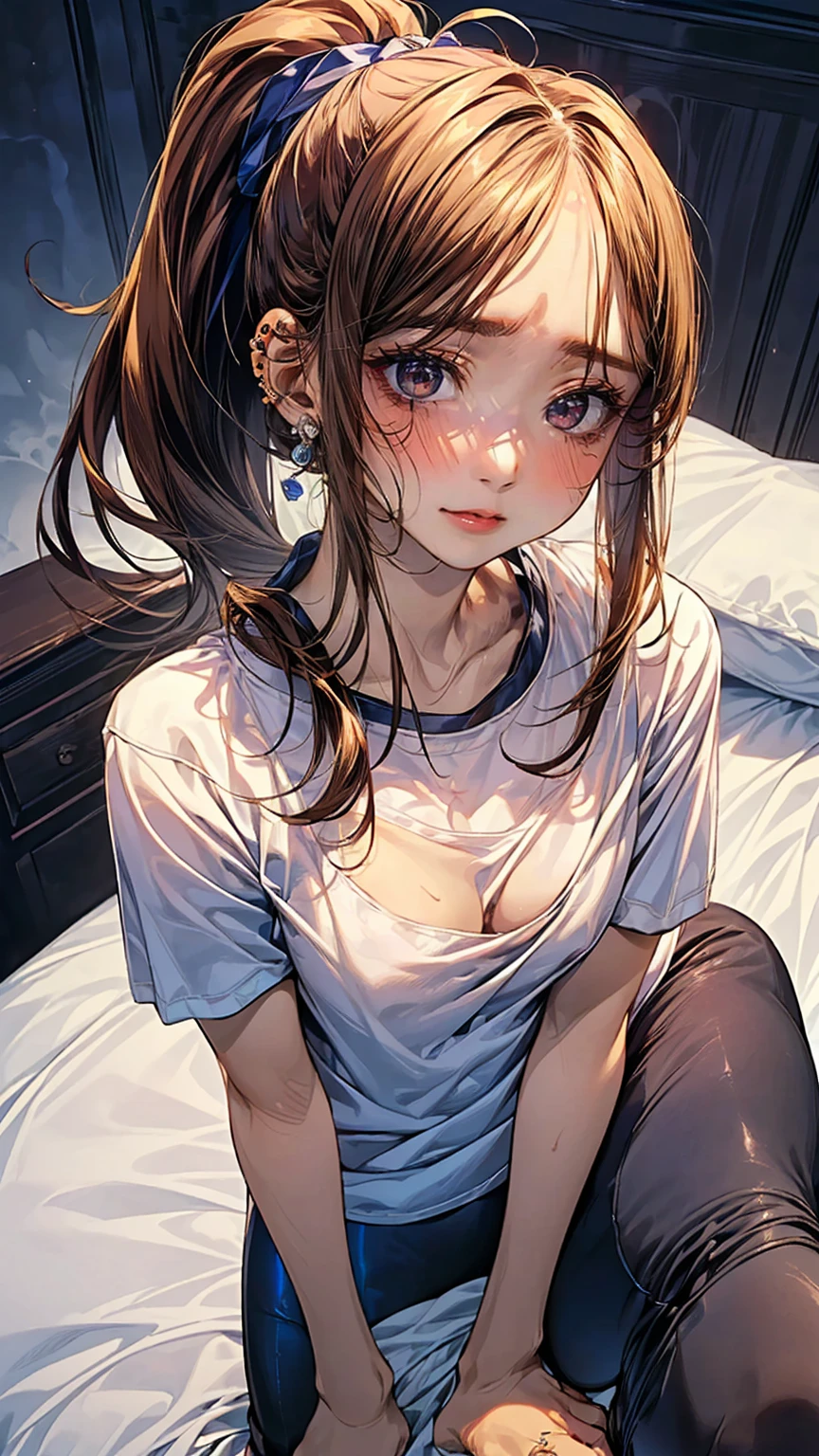 ,(s Old:1.68),(young Woman:1.66),(Masterpiece:1.21),(FHD),(16K),(Top Quality:1.24),(Super Resolution),(Super Illustration),(Best Shadow),(High Quality),(Super Detail:1.15), Elaborate,(1 Woman),(Japanese girl:1.1),(small breasts:1.73),(Long hair:1.63),(Ponytail:1.62),(ultra detailed face:1.86),(gyaru:1.64),(puffy eyes:1.65),(ear piercing:1.22),((Very dark room:1.76)),((midnight:1.33)),((Casual hotel, modern interior,bed)),((Oversized T-Shirt and Leggings:1.44)),(spread legs:1.51),(open one's mouth:1.22),(sad:1.38),(blush:1.35)