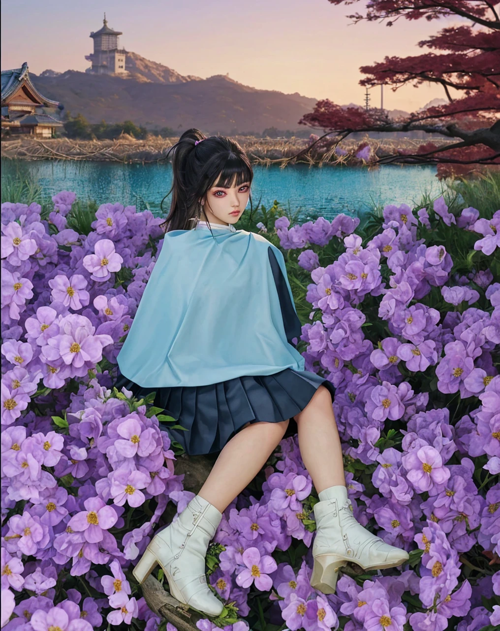 ( KANAO TSUYURI_KIMITSU NOYABA),((realistic, photorealistic)),(highlight hair)), Light reflection, (( HD )),((upper body)), (((best quality, masterpiece))), (masterpiece) (best quality) (detail) (8k) (HDR) (wallpaper) (cinematic lighting) (sharp focuasterpiece, best quality: 1.1), Real life adaption of this character, realistic outfit, realistic shadow, realistic light, realism, hyper realistic, realistic background,realistic hair,(photorealistic:1.2), (masterpiece: 1.2), (best quality: 1.3), (clear details: 1.3), ((((ultra-detailed)))), ((detailed eyes)), (extremely detailed face:1.4), (highly detailed eyelash:1.6), Japanese background, purple flowers,highly detailed eyes, sharp details, high contrast, (shiny skin), kanaotsuyuri, kanao tsuyuri, black hair, butterfly, butterfly hair ornament, (purple eyes:1.1), side ponytail, ponytail,
BREAK black skirt, cape, demon slayer uniform, long sleeves, pleated skirt, skirt, white cape,
BREAK looking at viewer,
BREAK indoors, classroom,
BREAK (masterpiece:1.2), best quality, high resolution, unity 8k wallpaper, (illustration:0.8), (beautiful detailed eyes:1.6), extremely detailed face, perfect lighting, extremely detailed CG, (perfect hands, perfect anatomy),