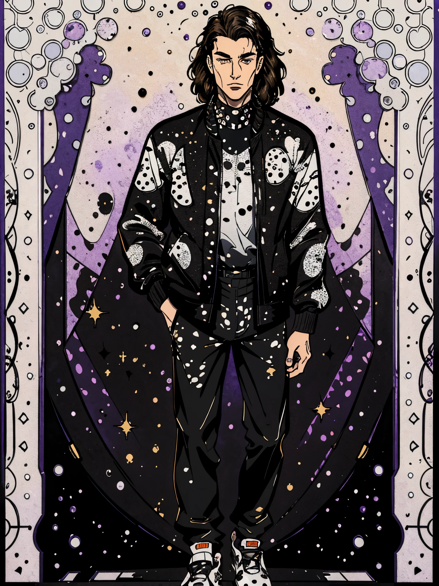 (masterpiece, best quality:1.2),illustration art，Kusama Yayoi's style，a handsome young man，brazilian beauty，pale Skin detail processing，The amber eyes are very detailed，dark hair，messy shiny hair，slim and defined，purple jacket，black shirt，black pants，white sneakers，(((Speckled pattern)))，purple，black