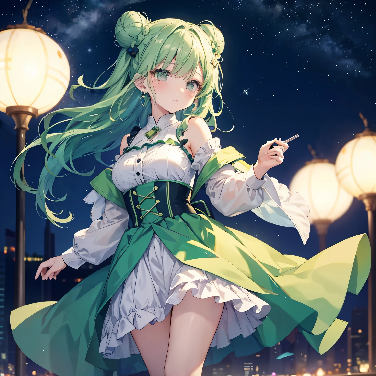 Full body、I have a smartphone、Green Hair、Bun Hair、Night sky background high resolution model, Crystal Earrings, One girl, Are crying, I want to cry, Sparkling eyes,