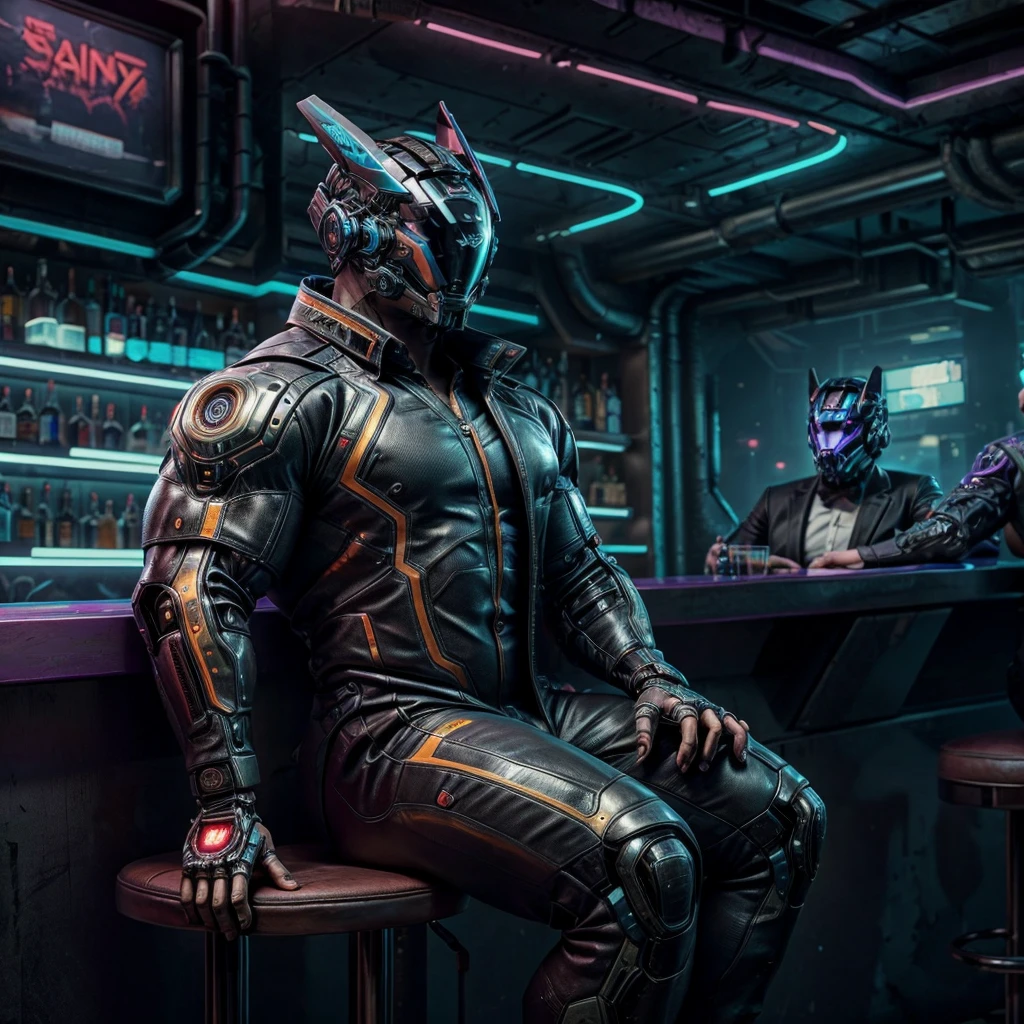 male, (muscular, full nude, only Glowing cyberpunk future helmet, business suit,)  realistic, bar, sitting counter,