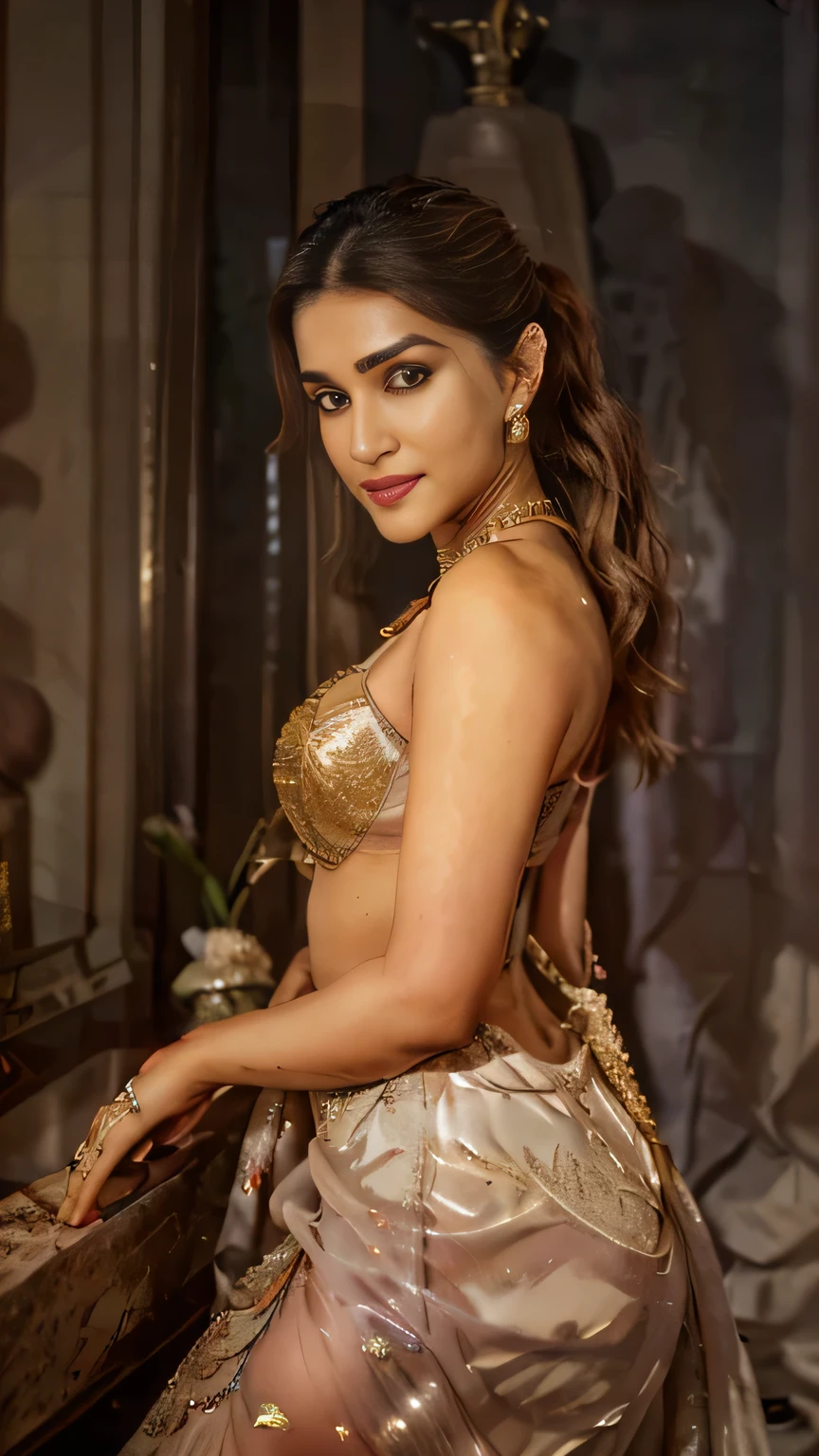 night scene, extreme close up photo of sexy indian, big cheeks, hourglass figure, swooping enormous breasts, deep cleavage, with both hands on head, showing smooth amrpits,ponytail, necklace, white and gold see through strapless tiny bra, look at viewer and subtle smile, (cinematic:1.3), intricate details, (ArtStation:1.2)