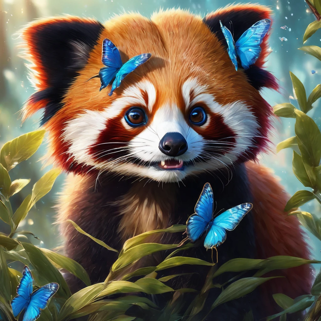 A hyper-realistic close up Portrait, digital artwork of an adorable cute wacky baby red panda while looking curiously to a blue butterfly, with blue, expressive eyes. The fur of the red panda is dense and textured, with each hair finely detailed and shimmering with tiny sparks under a dimly lit sunny day. Sakura petals fall around it, adding to the magical, serene atmosphere. The scene is set on a surface that resembles a garden full of colorful flowers. Cinematic film still, shot on v-raptor XL, film grain, vignette, color graded, post-processed, cinematic lighting, 35mm film, live-action, best quality, atmospheric, a masterpiece, epic, stunning, dramatic