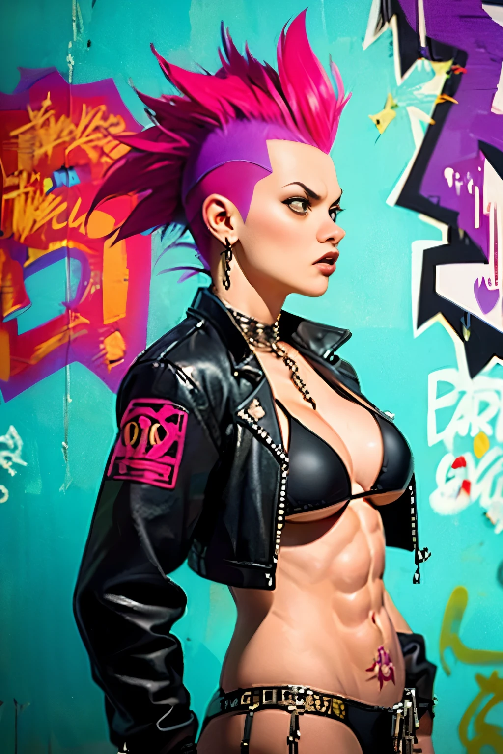 (Artwork, best quality:1.2), 1 girl , ((side view)) , cinematic, comic style, intrincately detailed, "Punk Girl",(( in dynamic sexy pose)) ((spiky mohawk hair, red punk hair, angry face, wearing a black jacket, chains, Rocket style, tattooed girl , hot body, abs, bikini boobs) . Shallow depth of field, vignette, highy detailed, high budget, bokeh, cinemascope, temperamental, epic, marvelous, film grain, grainy. ((Abandoned Graffiti Wall Background, garbage,  cinematic lighting )).