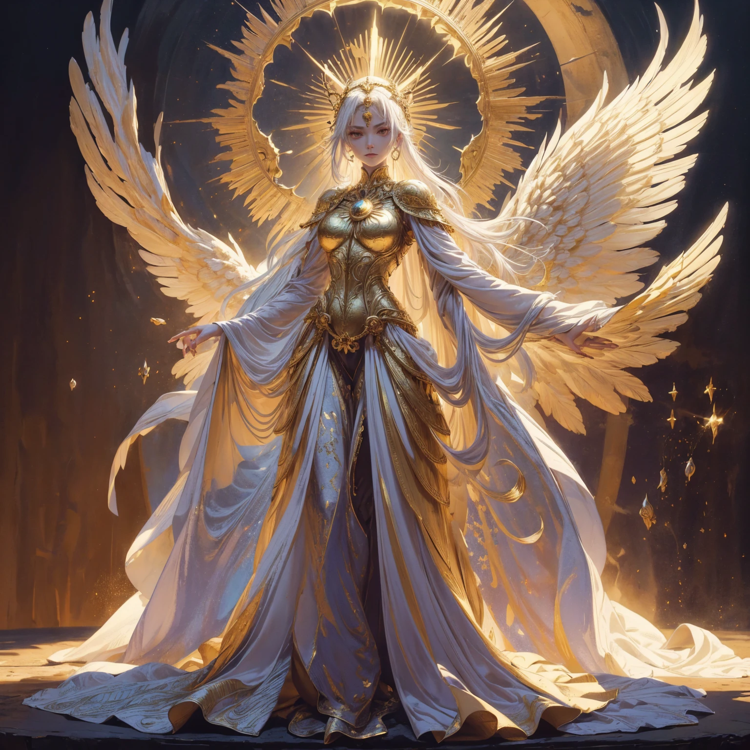 Art of Woman Wearing Sun Crown, Wearing a gorgeous golden breastplate that exposes a small amount of skin above the chest, Wearing a gorgeous golden dress, A pair of giant angel wings taller than the body spread out behind the woman., ancient goddess art, Sacredness. Very detailed, Mysterious inspiration, Inspiration from the Sun God, Religious inspiration, A divine background, Cold and snobbish face, Dangerous expressions, White hair, Standing pose floating in the air, One hand snapped its fingers while the other held a brilliant sphere as bright as the sun., Full body portrait, Gothic art style, Weird art style, Occult art, Aura of angels, contempt eyes, Divine light, Wide-angle lens, Upward Shot