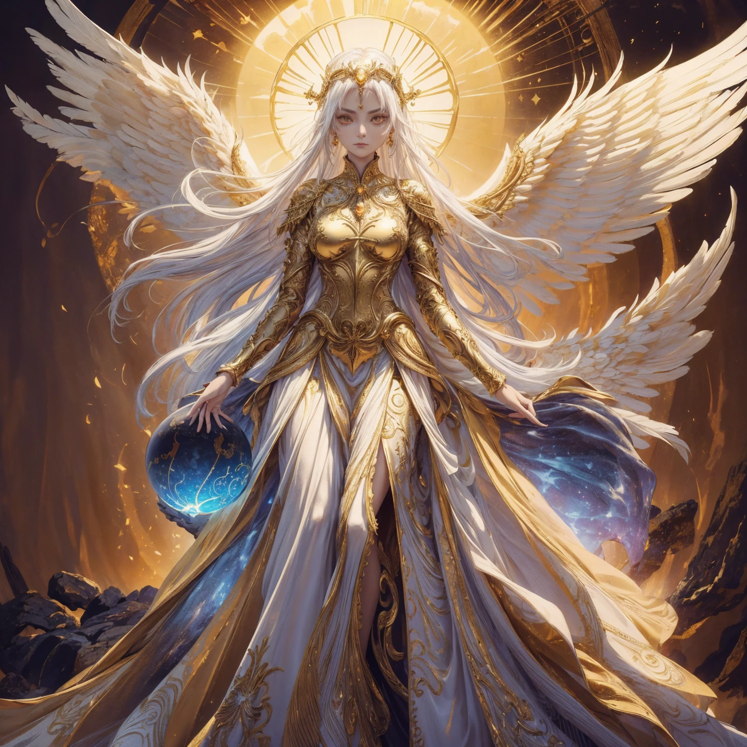 Art of Woman Wearing Sun Crown, Wearing a gorgeous golden breastplate that exposes a small amount of skin above the chest, Wearing a gorgeous golden dress, A pair of giant angel wings taller than the body spread out behind the woman., ancient goddess art, Sacredness. Very detailed, Mysterious inspiration, Inspiration from the Sun God, Religious inspiration, A divine background, Cold and snobbish face, Dangerous expressions, White hair, Standing pose floating in the air, One hand snapped its fingers while the other held a brilliant sphere as bright as the sun., Full body portrait, Gothic art style, Weird art style, Occult art, Aura of angels, contempt eyes, Divine light, Wide-angle lens, Upward Shot