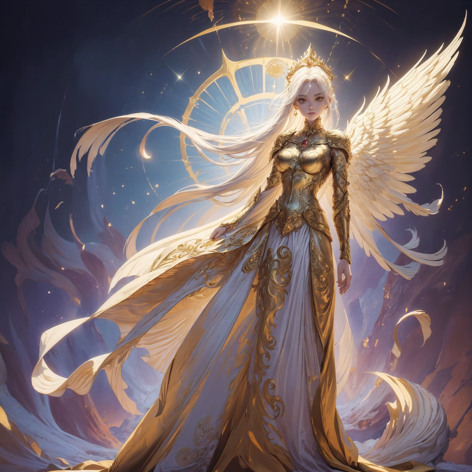 Art of Woman Wearing Sun Crown, Wearing a gorgeous golden breastplate that exposes a small amount of skin above the chest, Wearing a gorgeous golden dress, A pair of giant angel wings taller than the body spread out behind the woman., ancient goddess art, Sacredness. Very detailed, Mysterious inspiration, Inspiration from the Sun God, Religious inspiration, A divine background, Cold and snobbish face, Dangerous expressions, White hair, Standing pose floating in the air, One hand snapped its fingers while the other held a brilliant sphere as bright as the sun., Full body portrait, Gothic art style, Weird art style, Occult art, Aura of angels, contempt eyes, Divine light, Wide-angle lens, Upward Shot