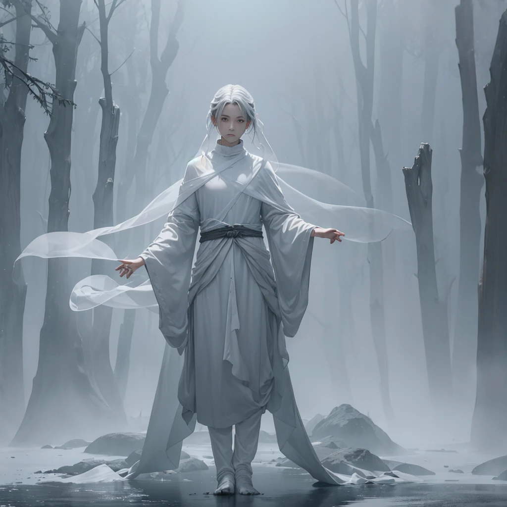 ((RAW Photos)), ((masterpiece)), (Mist Wraith,fog,ghost:1.2),(fullbody、Alone:1.4) ,(Fantasy),View your viewers,White background,Small stature,Beautiful face,Beautiful Eyes,Facing forward,Standing posture