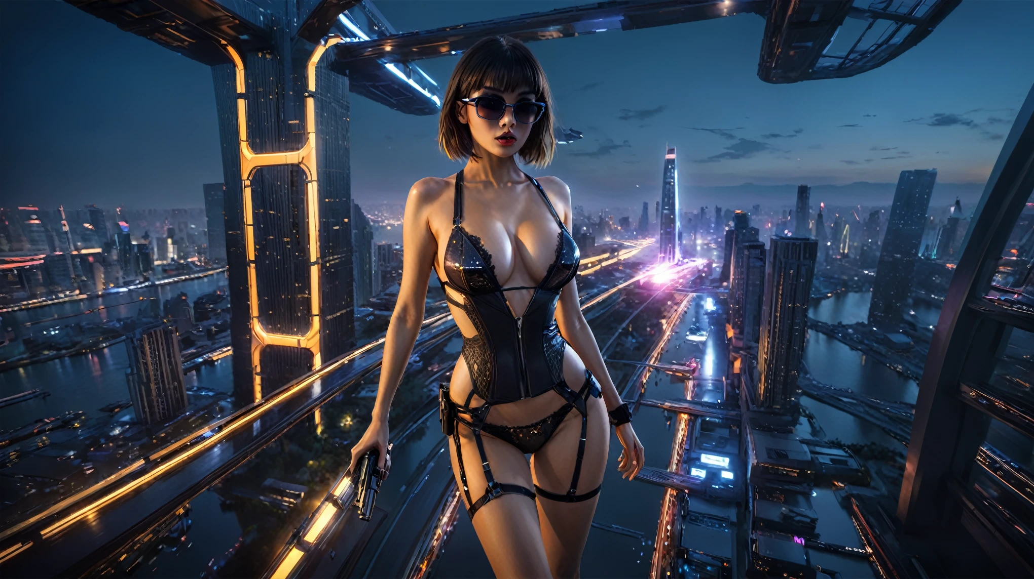 (aerial view), Blade Runner style futuristic sky bridge at night, (flying cars), neon lights. (1girl, solo, alone), large-breast:1.2 slim body, cleavage:1.1, sexy micro laced lingerie with jacket, (black sunglasses), ((she raised a pistol:1.8 and shot the viewer)), dynamic pose, ((half-body thigh level medium shot)), cinematic lighting, lens flare, ray tracing.