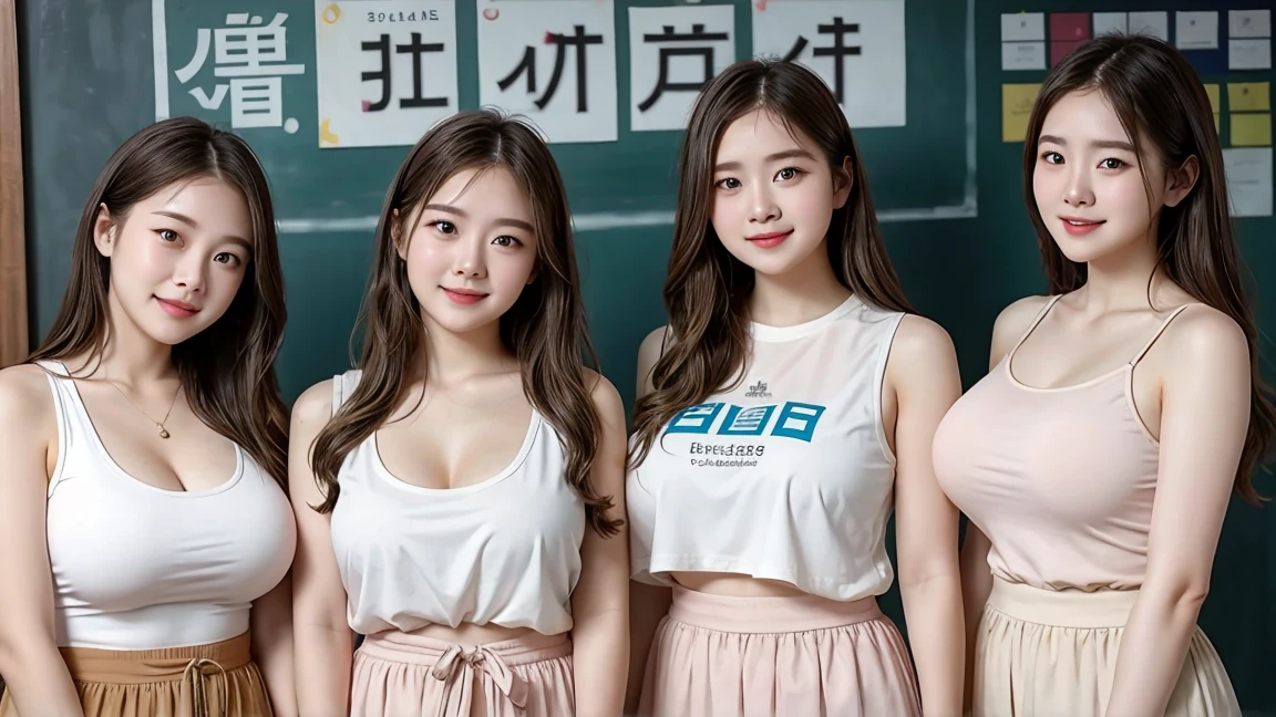 (3 girls)Masterpiece, Highest quality, 8ก, beautiful girl, young face、Wear a big outfit 、((big breasts:1.1)), photography, Cute face, thigh, classroom after school, Embarrassing、smile、No makeup, ten generations, detailed face, background bokeh、small waist、tank top、 thighสูง,Wear a white skirt and shirt that shows off your breasts..