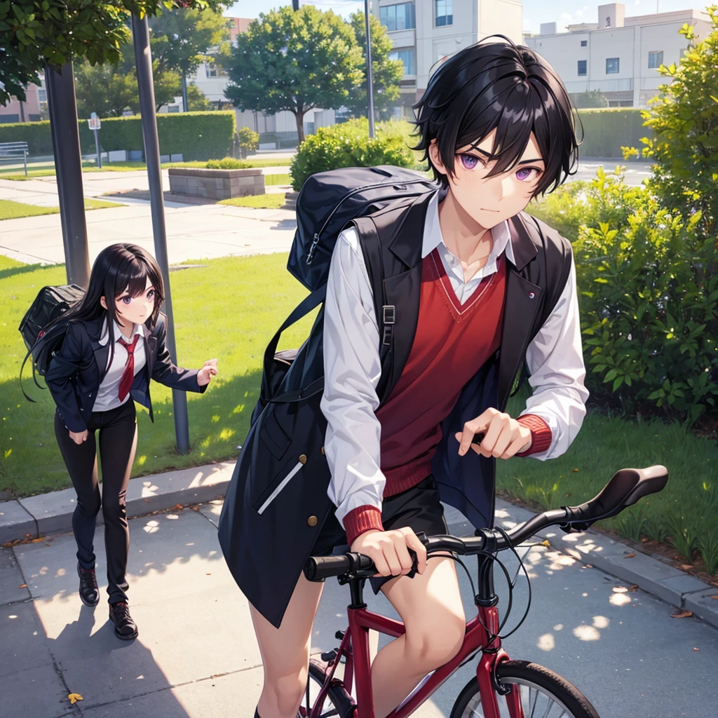 male high school student Black hair, dark purple eyes Walking the bicycle home.