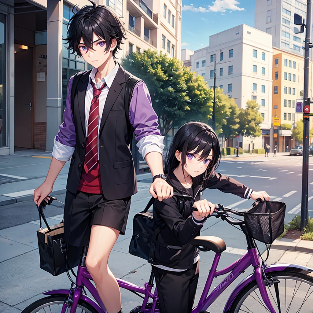 male high school student Black hair, dark purple eyes Walking the bicycle home.