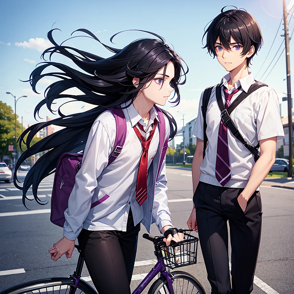 male high school student Black hair, dark purple eyes Walking the bicycle home.