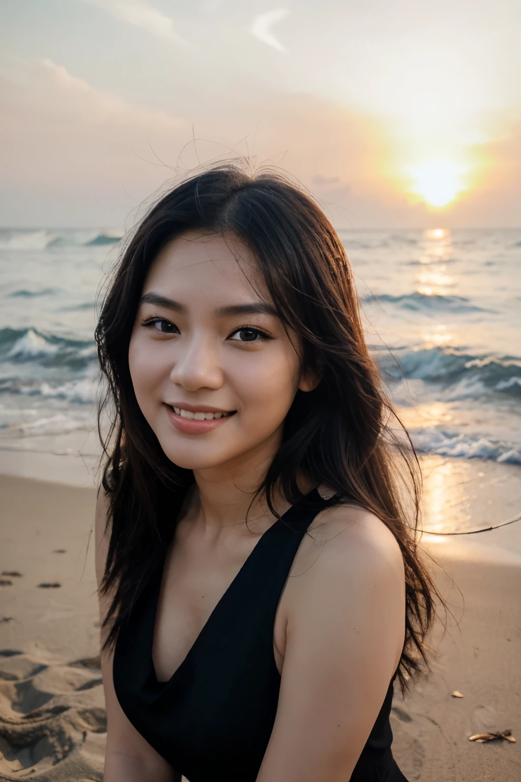 RAW photo, face portrait photo of beautiful 26 y.o Vietnamese woman, cute face, wearing black dress, happy face, on a beach, sandy shore, blue ocean in the background, sunset lighting, serene and peaceful atmosphere