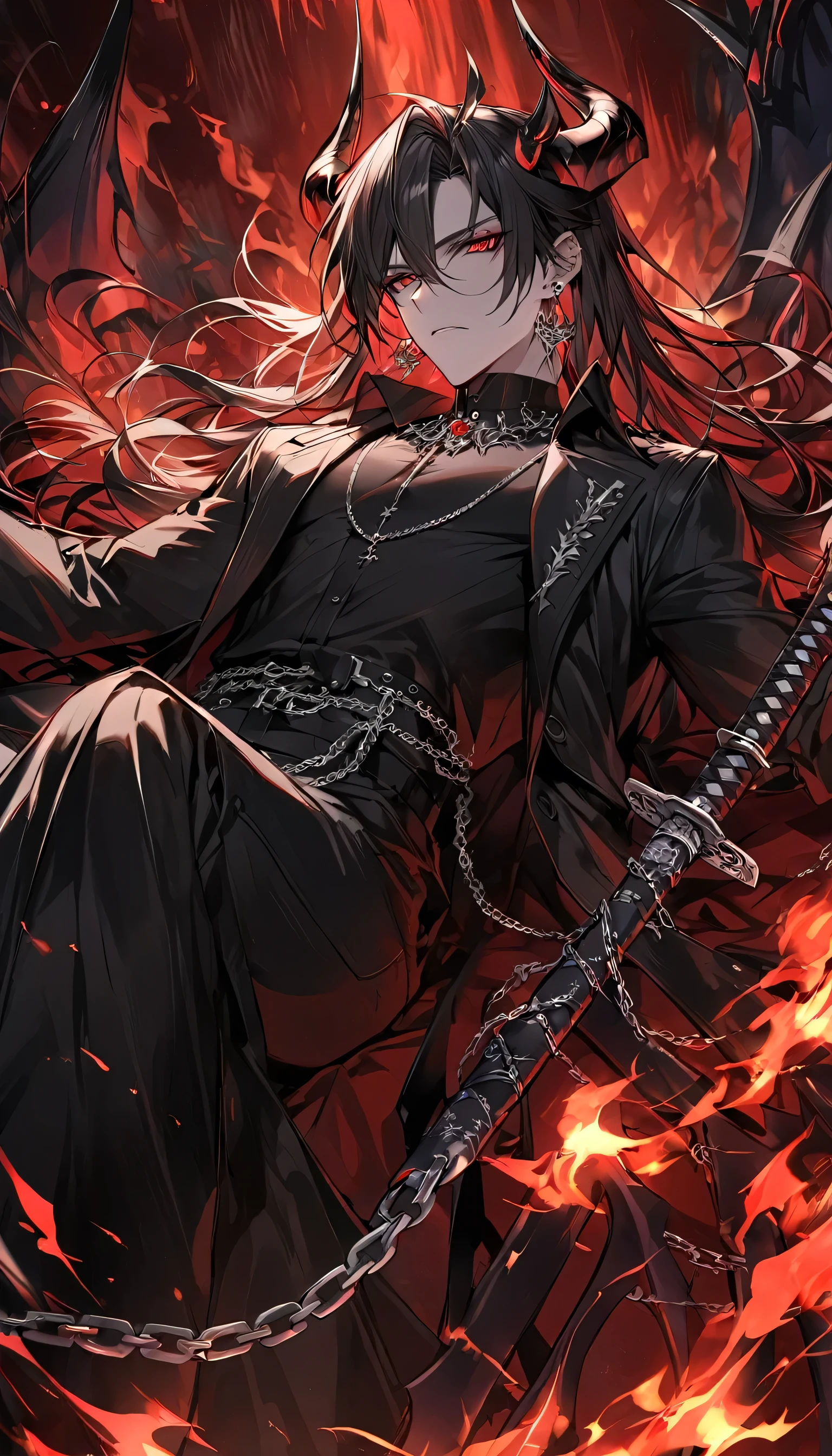 alone, good looking, 1 male, Long hair, Middle parted, Black hair, Red eyes, Black shirt, White Thailand, Black Trench Coat, Royal Silver Jewellery, Royal Demon Earrings, Black horns, Demon Crown, Demonic Katana, Chain, On Back, Demonic Black flames Aura