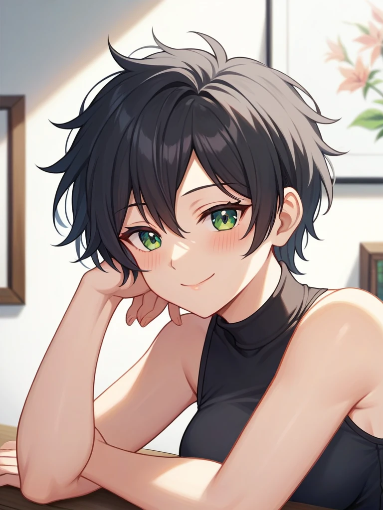 Adult, Female, Mature, middle aged woman, short black hair, messy hair, emerald eyes, medium breasts, black turtleneck, bike shorts, art room, paintings in background, resting head on hand, elbow on table, content, small smile, blushing, perfect hands, best hand, best fingers perfect fingers, Masterpiece, Accurate, Anatomically Correct, Best Quality, High Details, Detail, Super Detailed, Best detail, Perfect detail, Amazing detail, [-3, 3], perfect eyes, perfect irises, best eyes, best irises, Close-Up, headshot