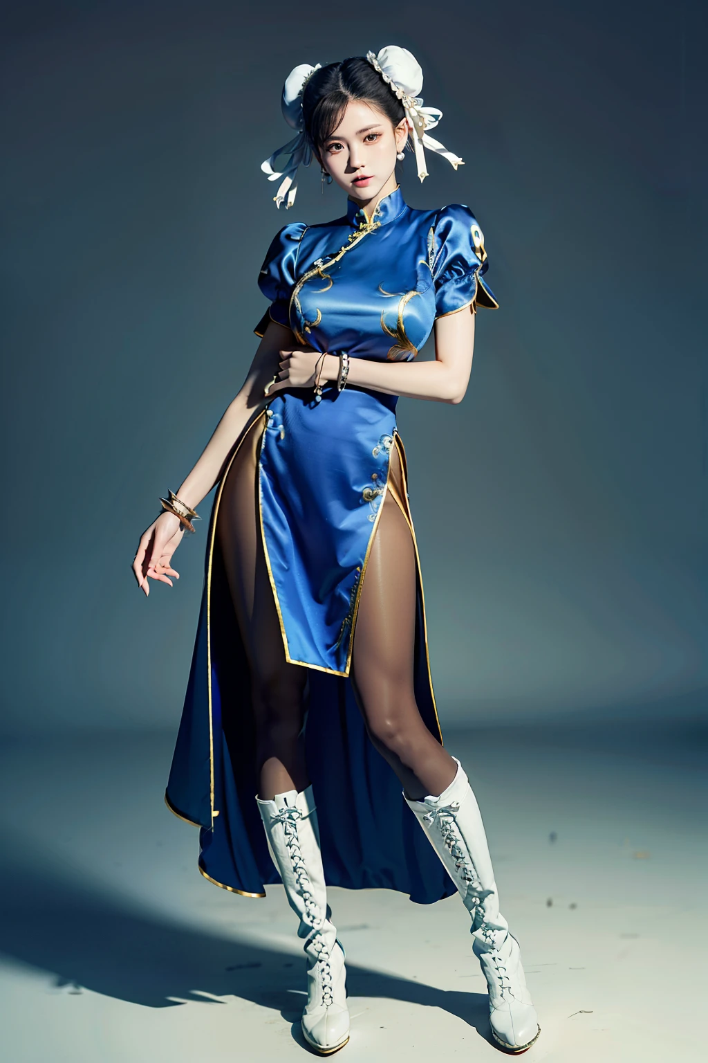 (RAW shooting, Photoreal:1.5, 8k, highest quality, masterpiece, ultra high resolution), perfect dynamic composition:1.2, Highly detailed skin and facial textures:1.2, chunli:1, beautiful and aesthetic:1.2, sexy beauty, perfect style, belief, Strong-willed, revenge, Fair skin, very beautiful face, (wearing a sexy china dress:1.2), (beautiful eyes, Eyes that feel beautiful eros:1.0), (Too erotic:0.9, Bewitching:0.9), (full body photo:1.4), (perfect limbs:1.2), (perfect fingers:1.2),(Bun head,bun cover,boots, bracelet, brown pantyhose, chinese clothes, cross-laced footwear, dress, gold trim, jewelry, pantyhose, pelvic curtain, puffy sleeves, sash, short sleeves, side slit, spiked bracelet, spikes and white footwear,large breast:2,chest gap),(simple background:1.4),(knees together),(standing:1.4),