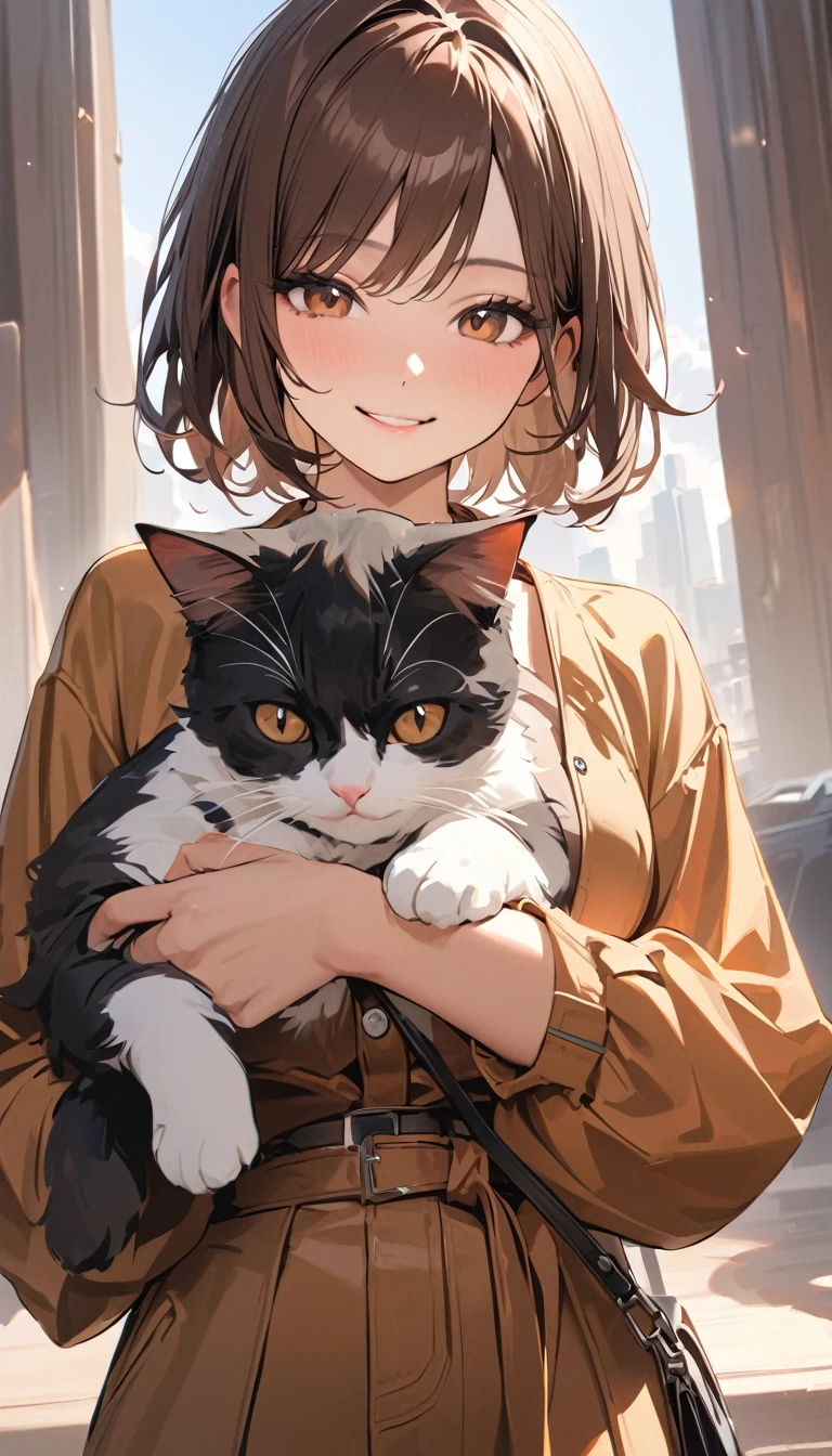 super detail, best quality, a woman , Brown short hair, smile, Stylish clothing, Holding a cat on one&#39;s lap, (Sitting on the couch)
