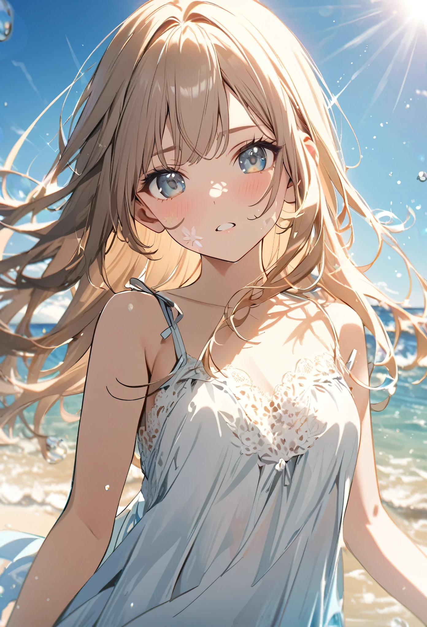 Angelic, One Girl, Black and long straight hair, Sharp Hair, Facial Contour, Remember, , At the Beach, splash, Lens flare, noon, bright, Natural Color, High resolution, Very delicate, Very detailed, 8k