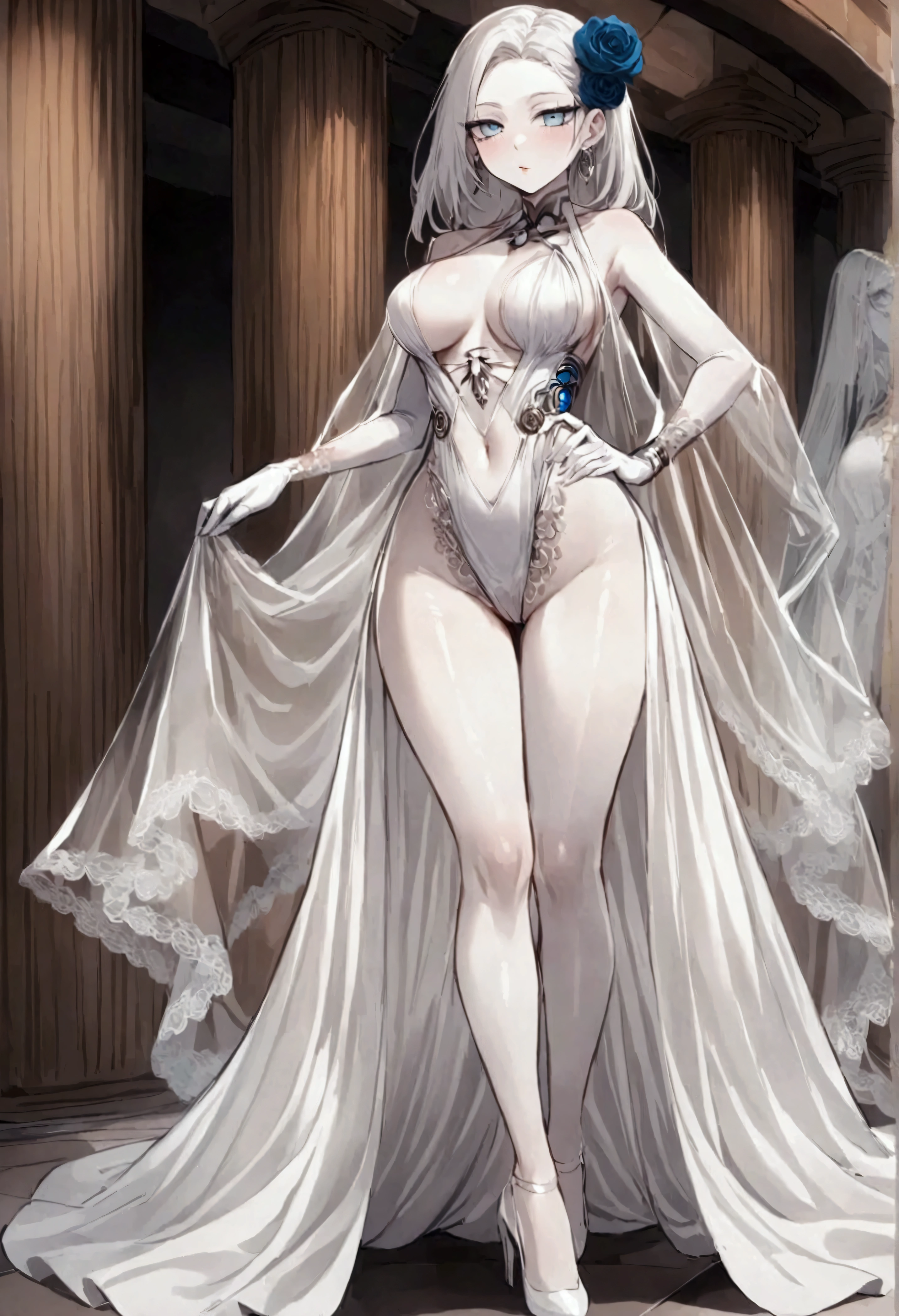 RICK AND mORTY'S, Rick, is watching a fashion show in a world of clockwork people. Cute clockwork woman (age 25, high heels, sexy dress, semi transparent skin showing her gears)