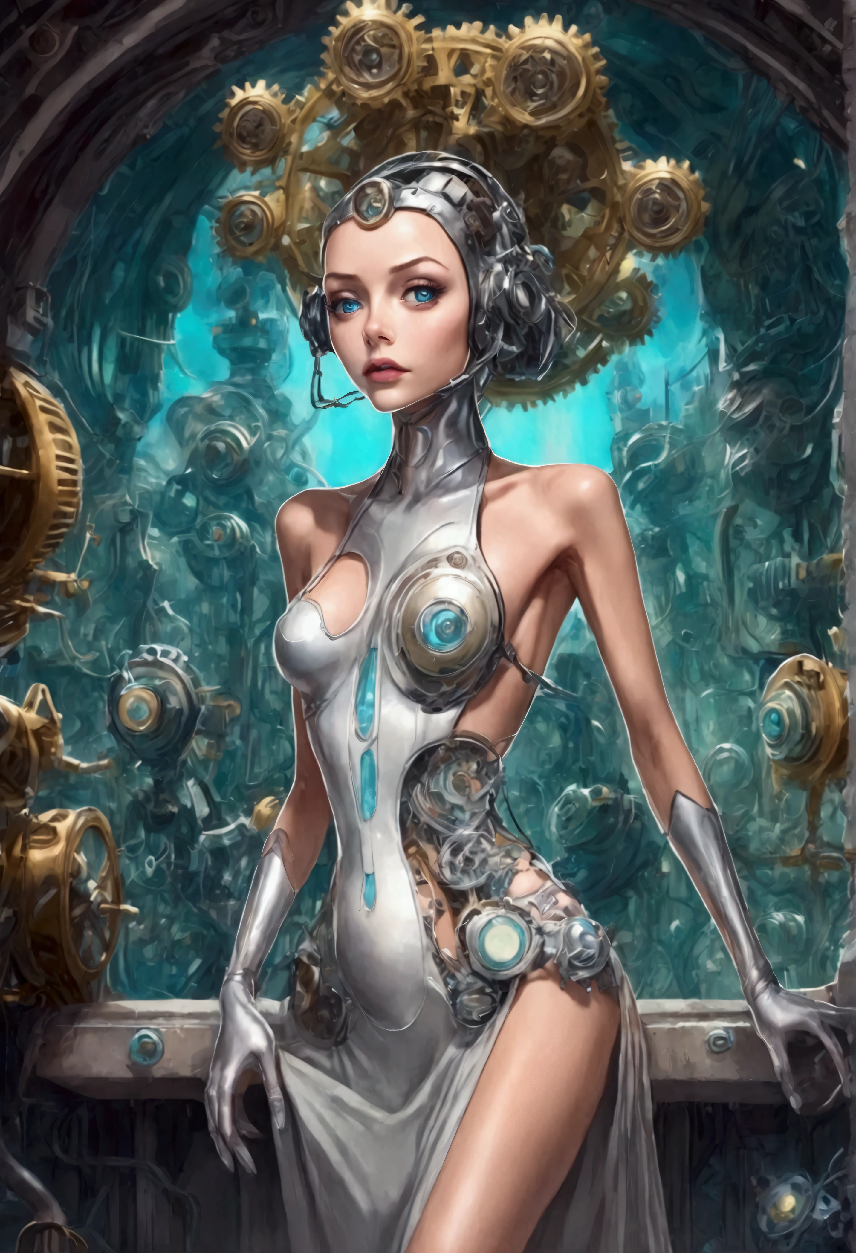 RICK AND mORTY'S, Rick, is watching a fashion show in a world of clockwork people. Cute clockwork woman (age 25, high heels, sexy dress, semi transparent skin showing her gears) show her from head to toe