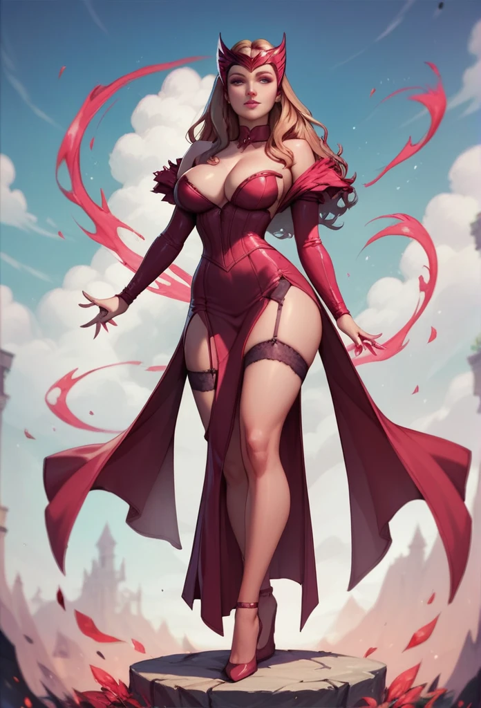 Scarlet Witch ( Elizabeth Olsen), big breasts, deep cleavage, garter belt, both sides slit short skirt showing her thighs, red magic mist surrounding her hands,  Full body view