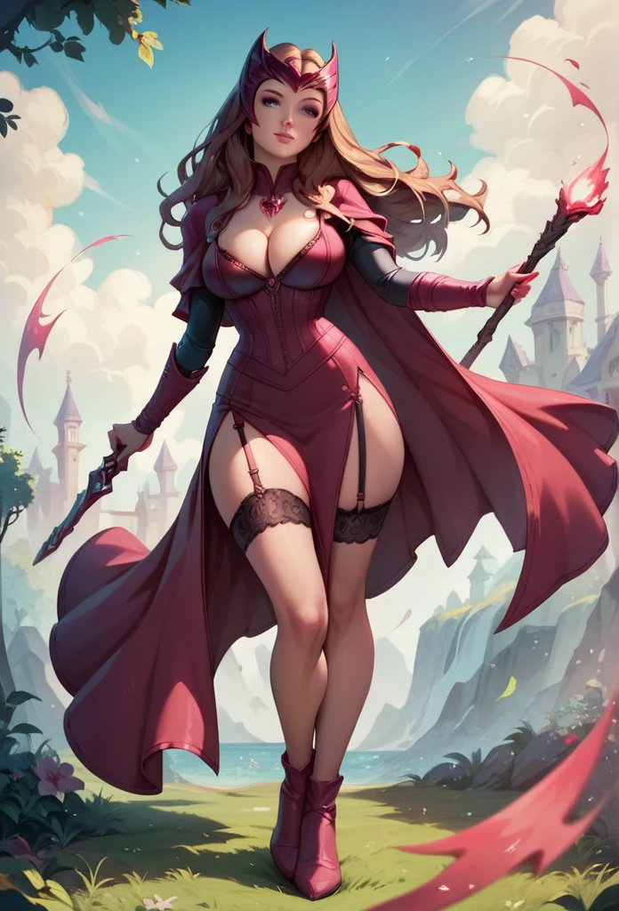 Scarlet Witch ( Elizabeth Olsen), big breasts, deep cleavage, garter belt, both sides slit short skirt showing her thighs, red magic mist surrounding her hands,  Full body view