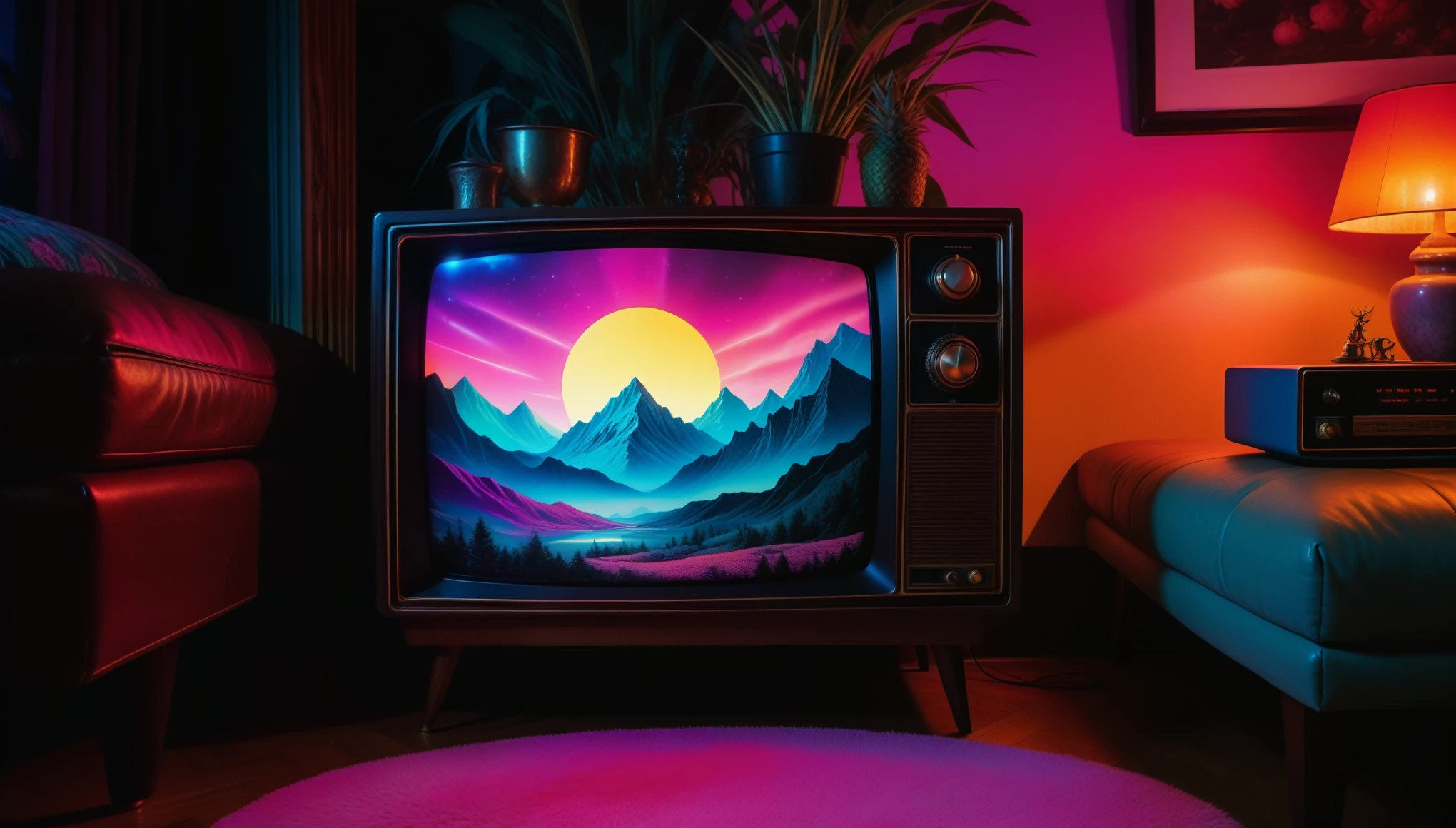 Close-up of an old 80s television,living room,night, Maximalism Photo Illustration, Fantasy Psychedelic Realism,
