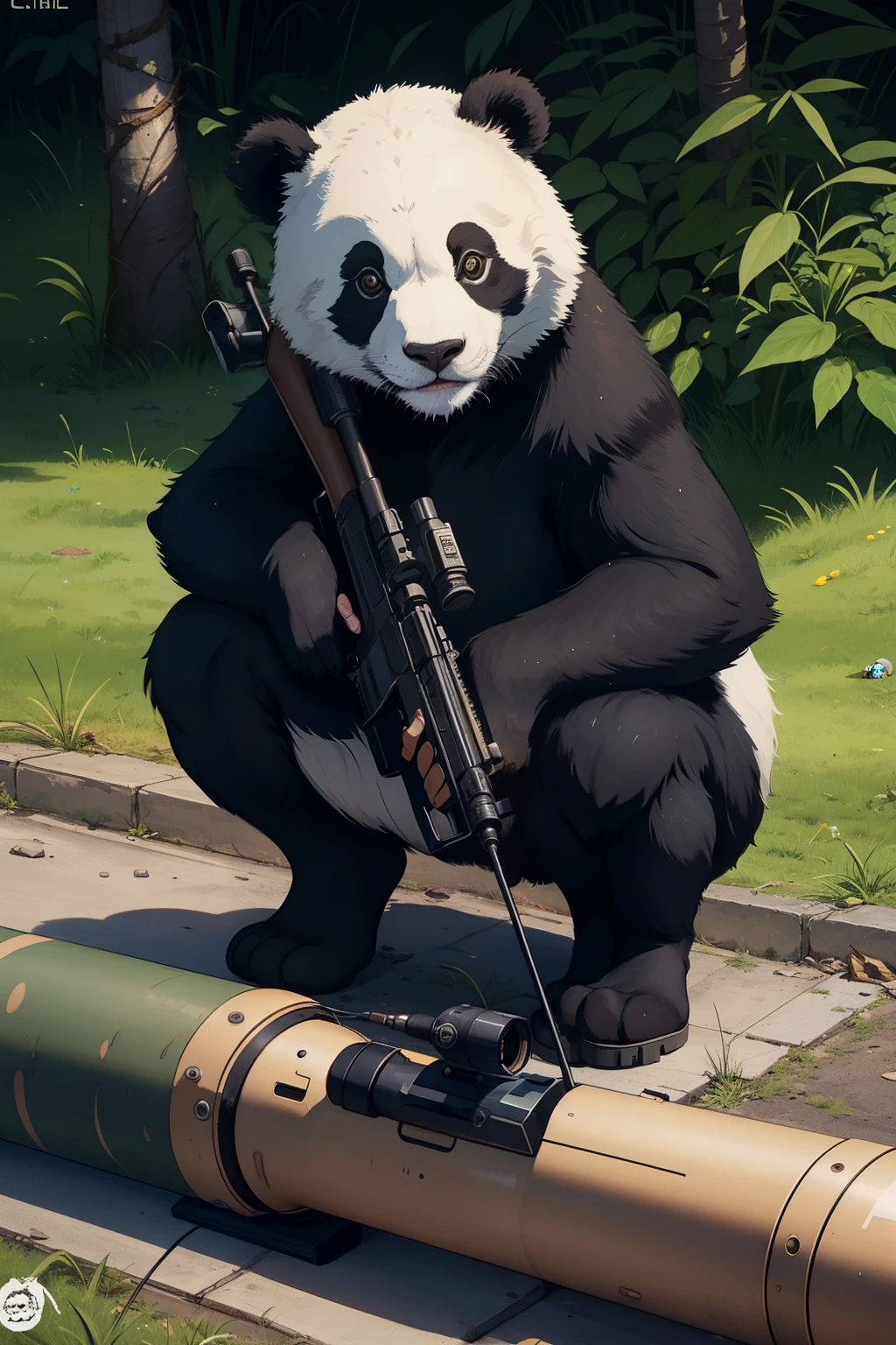panda (crouched) defusing a c4 explosive with a sniper rifle on the ground