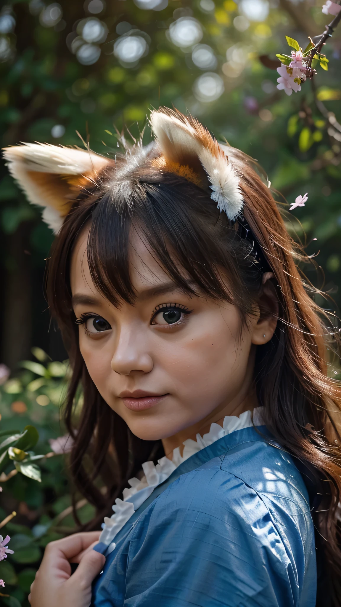 A hyper-realistic close up Portrait, digital artwork of an adorable cute wacky baby red panda while looking curiously to a blue butterfly, with blue, expressive eyes. The fur of the red panda is dense and textured, with each hair finely detailed and shimmering with tiny sparks under a dimly lit sunny day. Sakura petals fall around it, adding to the magical, serene atmosphere. The scene is set on a surface that resembles a garden full of colorful flowers. Cinematic film still, shot on v-raptor XL, film grain, vignette, color graded, post-processed, cinematic lighting, 35mm film, live-action, best quality, atmospheric, a masterpiece, epic, stunning, dramatic