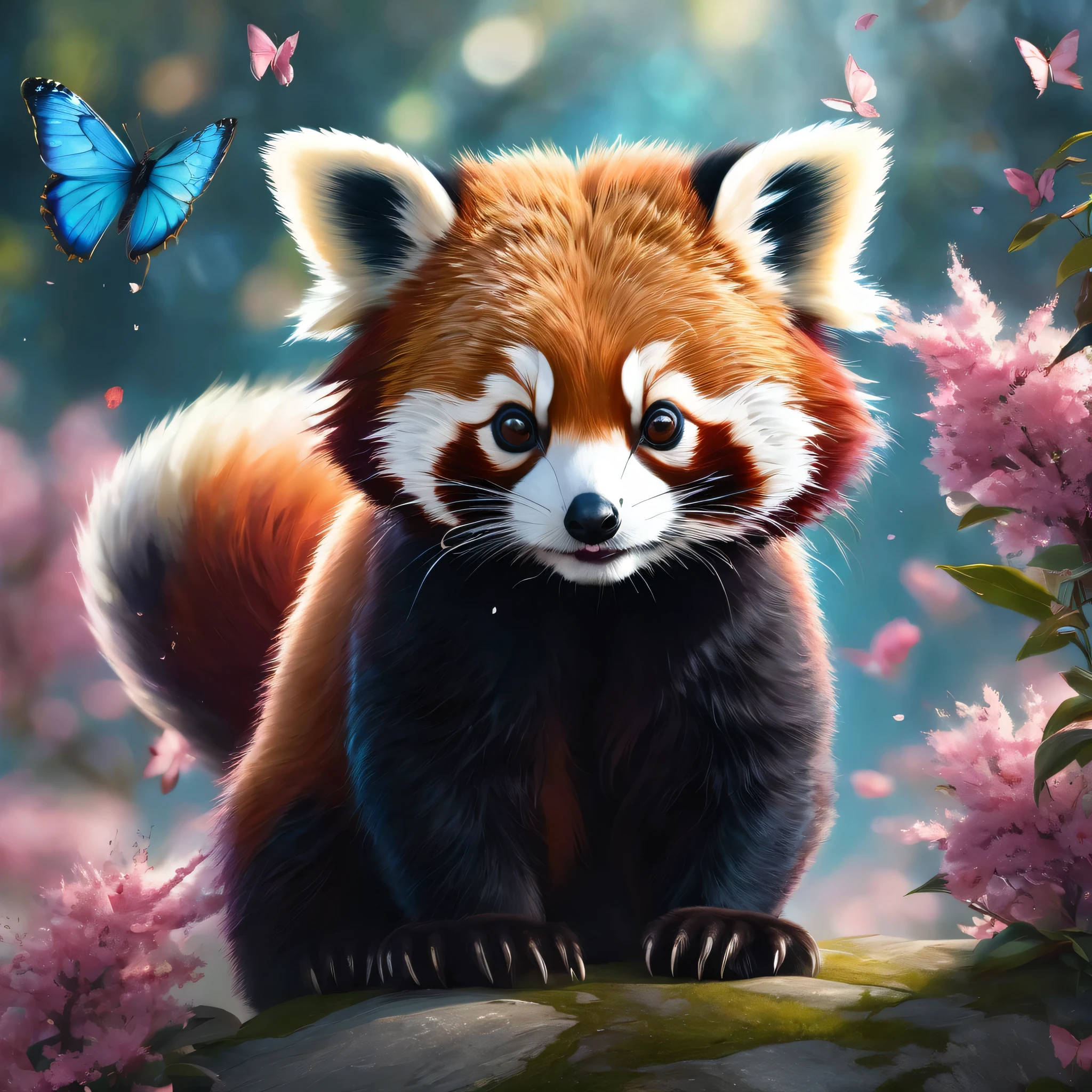 A hyper-realistic close up Portrait, digital artwork of an adorable cute wacky baby red panda while looking curiously to a blue butterfly, with blue, expressive eyes. The fur of the red panda is dense and textured, with each hair finely detailed and shimmering with tiny sparks under a dimly lit sunny day. Sakura petals fall around it, adding to the magical, serene atmosphere. The scene is set on a surface that resembles a garden full of colorful flowers. Cinematic film still, shot on v-raptor XL, film grain, vignette, color graded, post-processed, cinematic lighting, 35mm film, live-action, best quality, atmospheric, a masterpiece, epic, stunning, dramatic