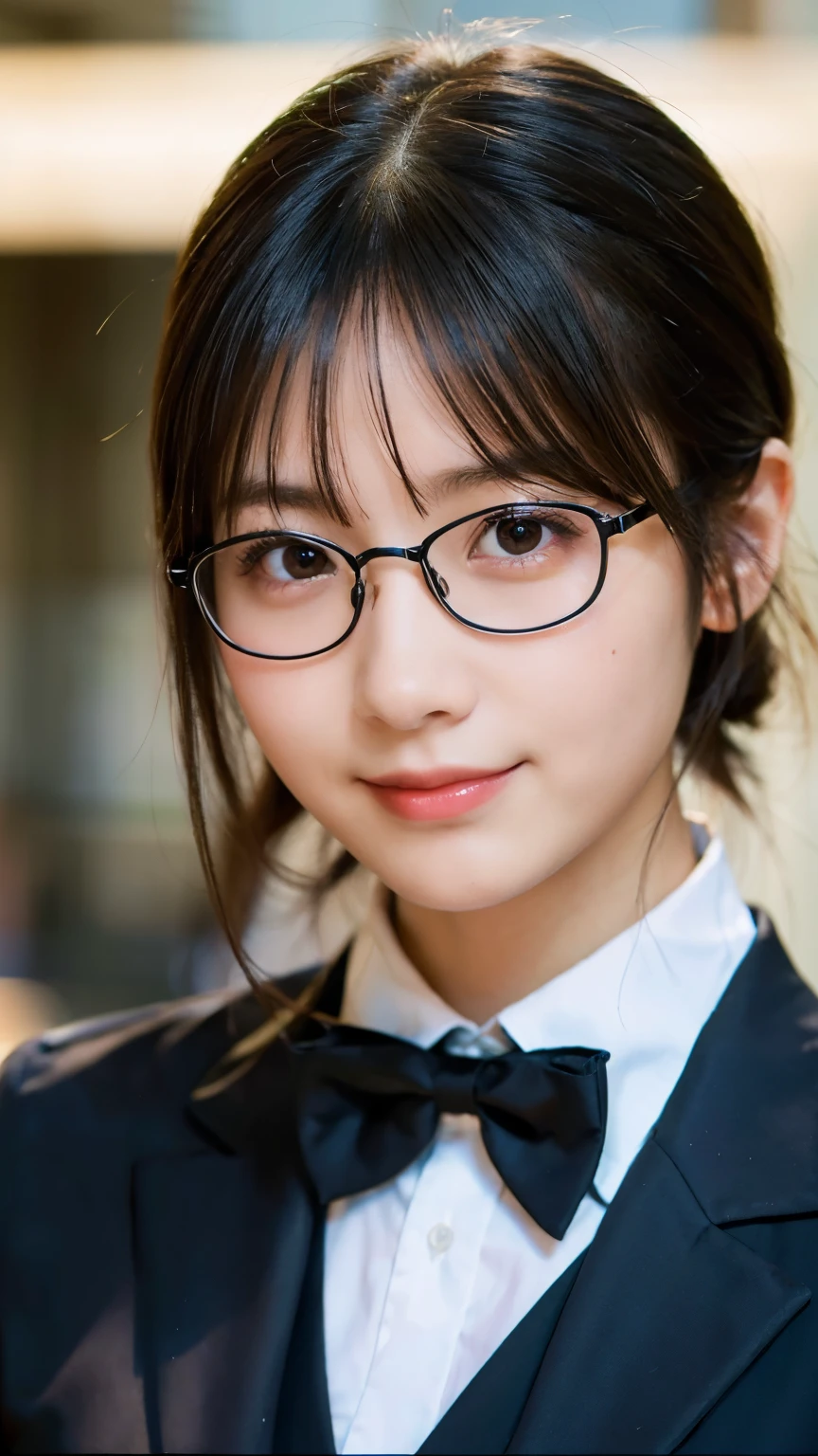 (Highest quality,masterpiece:1.3,Ultra-high resolution),(Very detailed,Caustics,8k),(Realistic:1.4,RAW shooting),A girl dressed as a butler,Japanese,boyish,smile,20-year-old,Short black hair,Glasses,Looking into the camera,Inside the Western-style building,Waist up shot,front,Face Focus,Face close-up,(Warm Light),Professional Writing