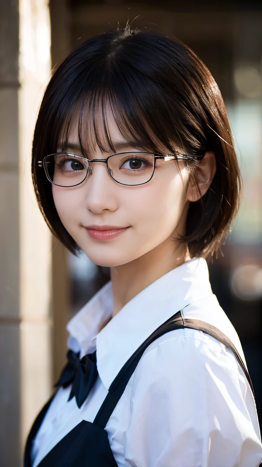 (Highest quality,masterpiece:1.3,Ultra-high resolution),(Very detailed,Caustics,8k),(Realistic:1.4,RAW shooting),A girl dressed as a butler,Japanese,boyish,smile,20-year-old,Short black hair,Glasses,Looking into the camera,Inside the Western-style building,Waist up shot,front,Face Focus,Face close-up,(Warm Light),Professional Writing