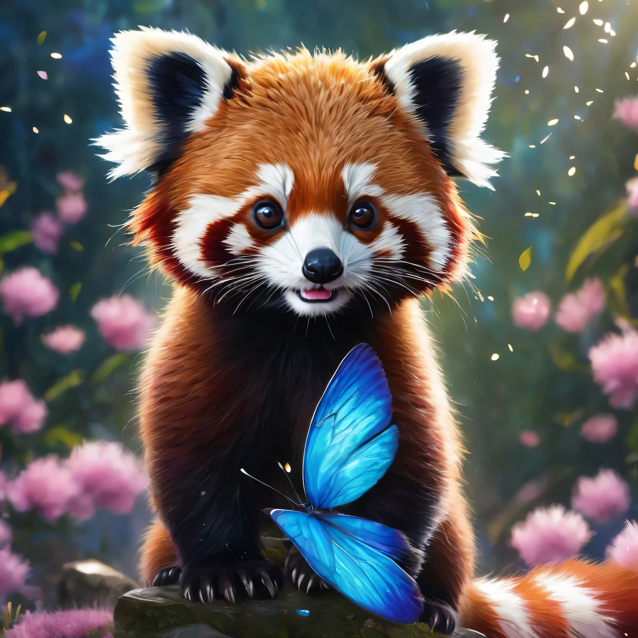 A hyper-realistic close up Portrait, digital artwork of an adorable cute wacky baby red panda while looking curiously to a blue butterfly, with blue, expressive eyes. The fur of the red panda is dense and textured, with each hair finely detailed and shimmering with tiny sparks under a dimly lit sunny day. Sakura petals fall around it, adding to the magical, serene atmosphere. The scene is set on a surface that resembles a garden full of colorful flowers. Cinematic film still, shot on v-raptor XL, film grain, vignette, color graded, post-processed, cinematic lighting, 35mm film, live-action, best quality, atmospheric, a masterpiece, epic, stunning, dramatic