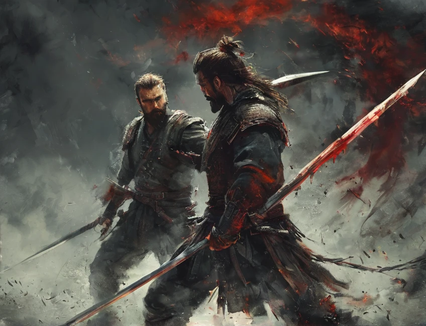 2 boys，beard，Masculinity，Blood，warrior，armor，Upper Body，Sword，Fight