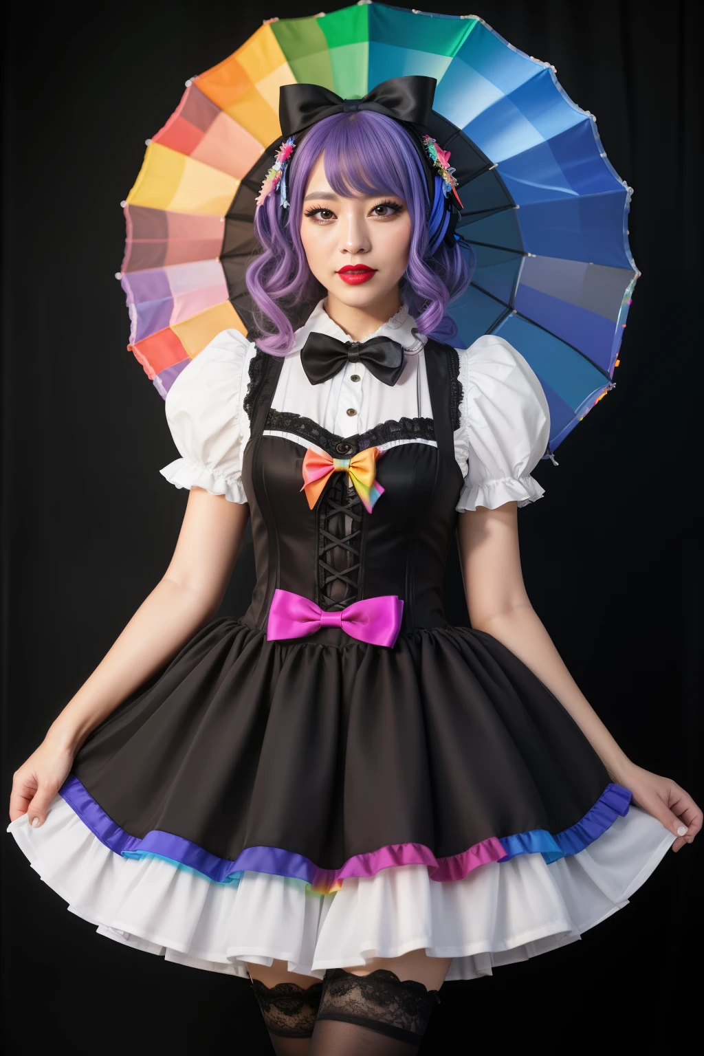 (****ta Fashion:1.3), masterpiece, best quality, Professional details (Medium shot) photo (Beautiful adult female) Wear (intricate rainbow ****tadress, Multi-layered dress:1.2), (Shiny, translucent clothing, Shiny oily fabric :1.1), (Perfect face, Pretty Face, Symmetrical face), rainbow (Lipstick, Eyeshadow, mascara, Heavy makeup:1.1), (Ruffles, Lace, bow:1.2), (rainbow stockings:1.1),
Ultra wide-angle shooting, style, 8K, RAW photo, photo般真实, masterpiece, best quality, absurd, incredibly absurd, Huge file size, Extremely detailed, High quality textures, light, Physically Based Rendering, Ray Tracing,