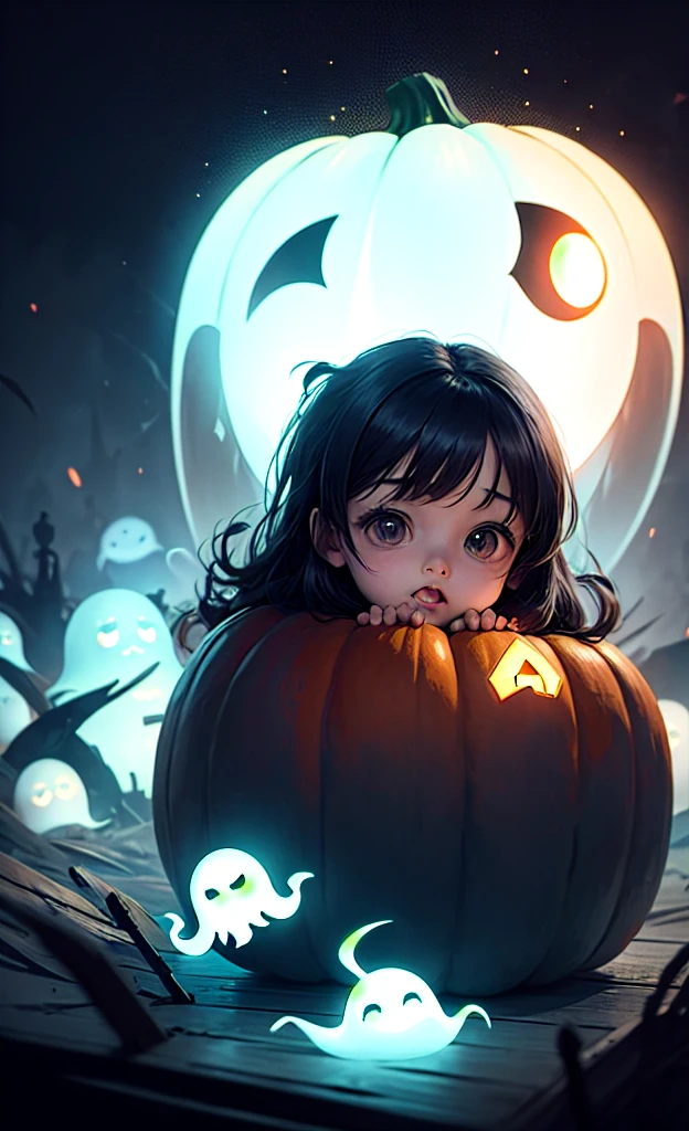 masterpiece, Highest quality, Explore a haunted theme park, haunted by cute chibi ghosts, cute, Whimsical, Shine, Shineing, fun, Stupid, Mysterious, Magic, Mysterious, fun, interesting、Ghost、カボチャGhost、pumpkin
