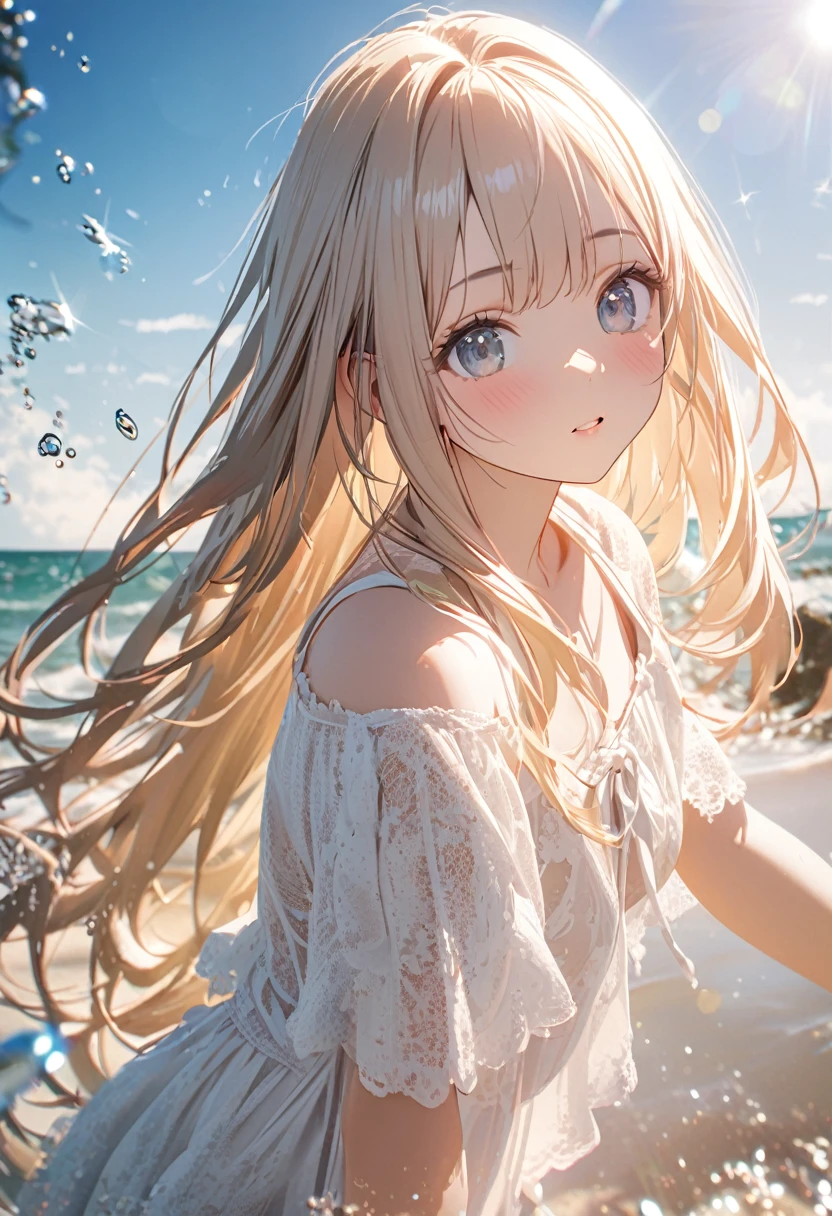 Angelic, One Girl, Black and long straight hair, Sharp Hair, Facial Contour, Remember, , At the Beach, splash, Lens flare, noon, bright, Natural Color, High resolution, Very delicate, Very detailed, 8k,((Sexual))