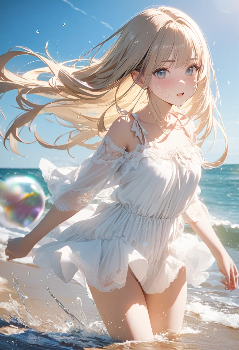 Angelic, One Girl, Black and long straight hair, Sharp Hair, Facial Contour, Remember, , At the Beach, splash, Lens flare, noon, bright, Natural Color, High resolution, Very delicate, Very detailed, 8k,((Sexual))