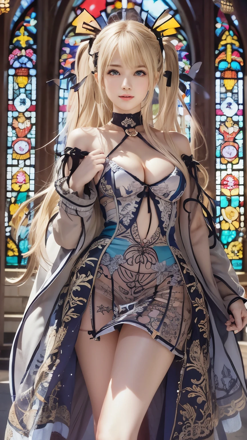 (fashion magazine cover:1.3), Highest quality, Highest quality, 16K, Unbelievably absurd, Very detailed, 2.5D, delicate and dynamic, Castle, Stained glass, , , , Small pale light and colorful light, Many light sources, 巨大なComplex模様のmagic陣, magic, Small face, Very delicate look, Delicate eye depiction, Upper body close-up,, erotic, dynamic sexy pose, Sexy Woman, Healthy body shape, 24-year-old female, doaxvv_Marie Rose, super model, height: 170cm, Large, firm, swaying bust, , Very long wavy blonde hair, Twin tails, full body shot, Glaring at the camera, look up, lure, Complex, Long dress in Gothic style, , Green long skirt, , Brown Loafers, Independent