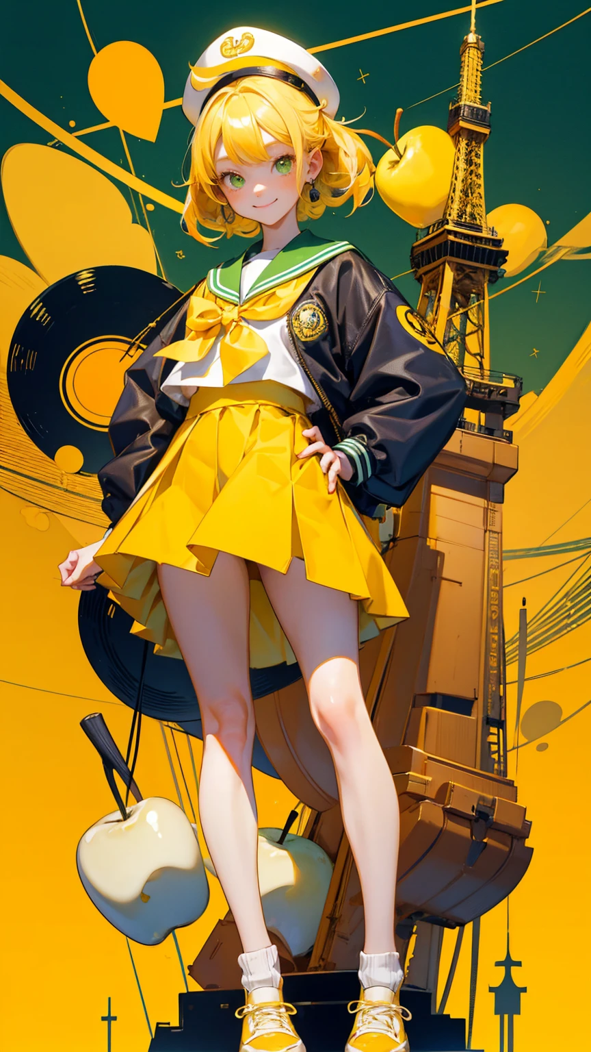 A cute girl Standing straight pose, looking at camera, with yellow hair and big eyes wearing a sailor suit, holding an apple in her hand, happy smiley face emotion, with Tokyo Tower behind her. A school band is playing musical instruments in background. The color scheme is yellow-green. Easy KYC" text on the bottom of image